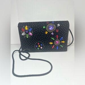 Vintage Caroline Barton Beaded Evening Clutch Black Velvet Rhinestone Bag